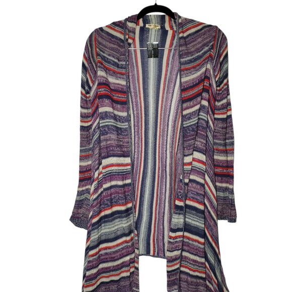 Billabong Knit Cardigan Sweater Women's M Open-Front Shark-Tooth Striped Beach - Picture 2 of 9